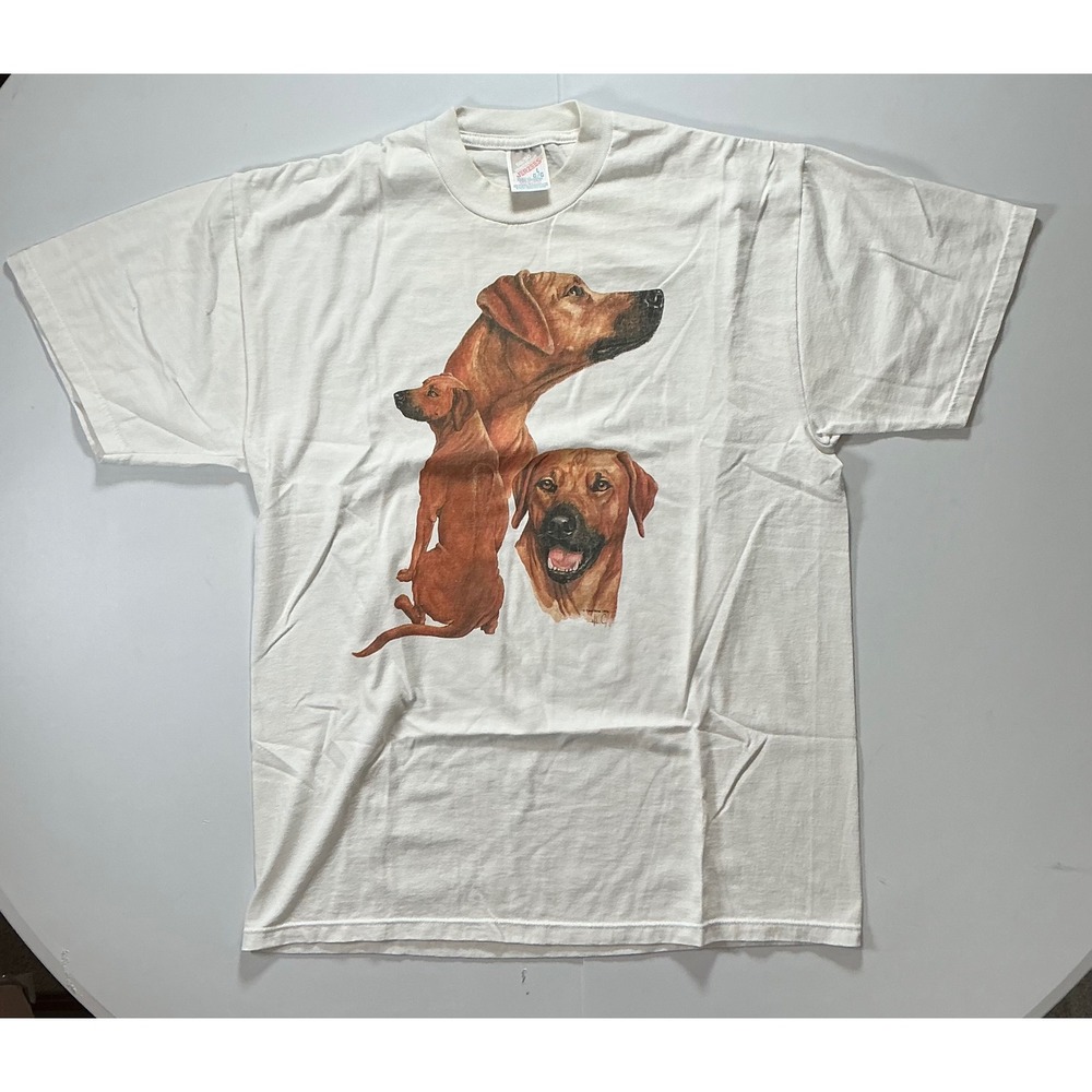 VTG USA Made 90s Rhodesian Ridgeback Dog T-Shirt Mens L White Animal Nature
